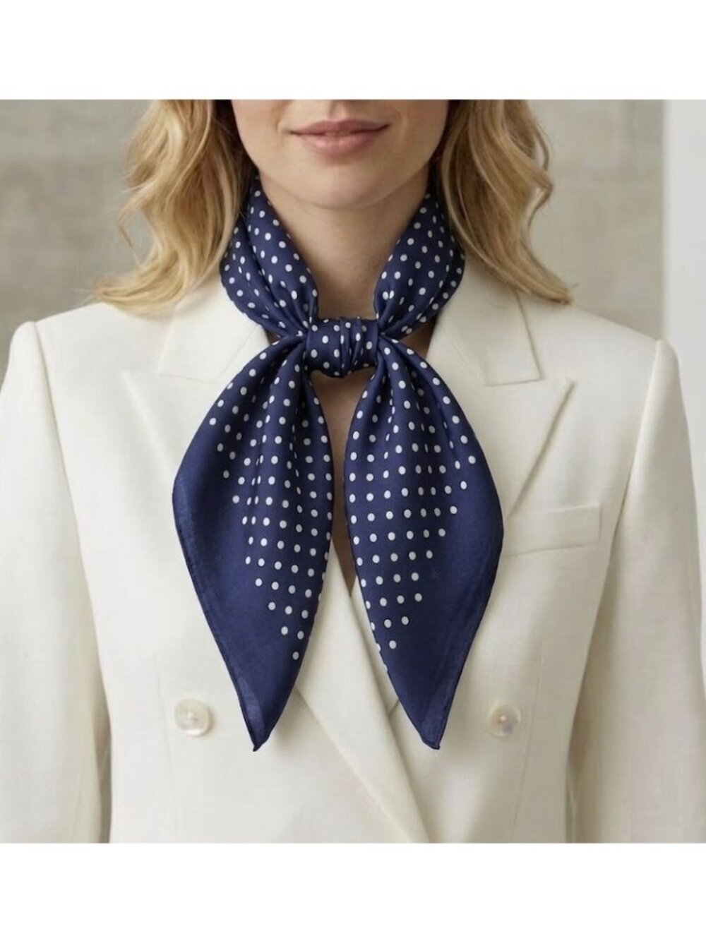 ✨Luxury Elegant Silky Scarf Navy Blue Beige Polka Dot Zigzag Square Wrap Hijab